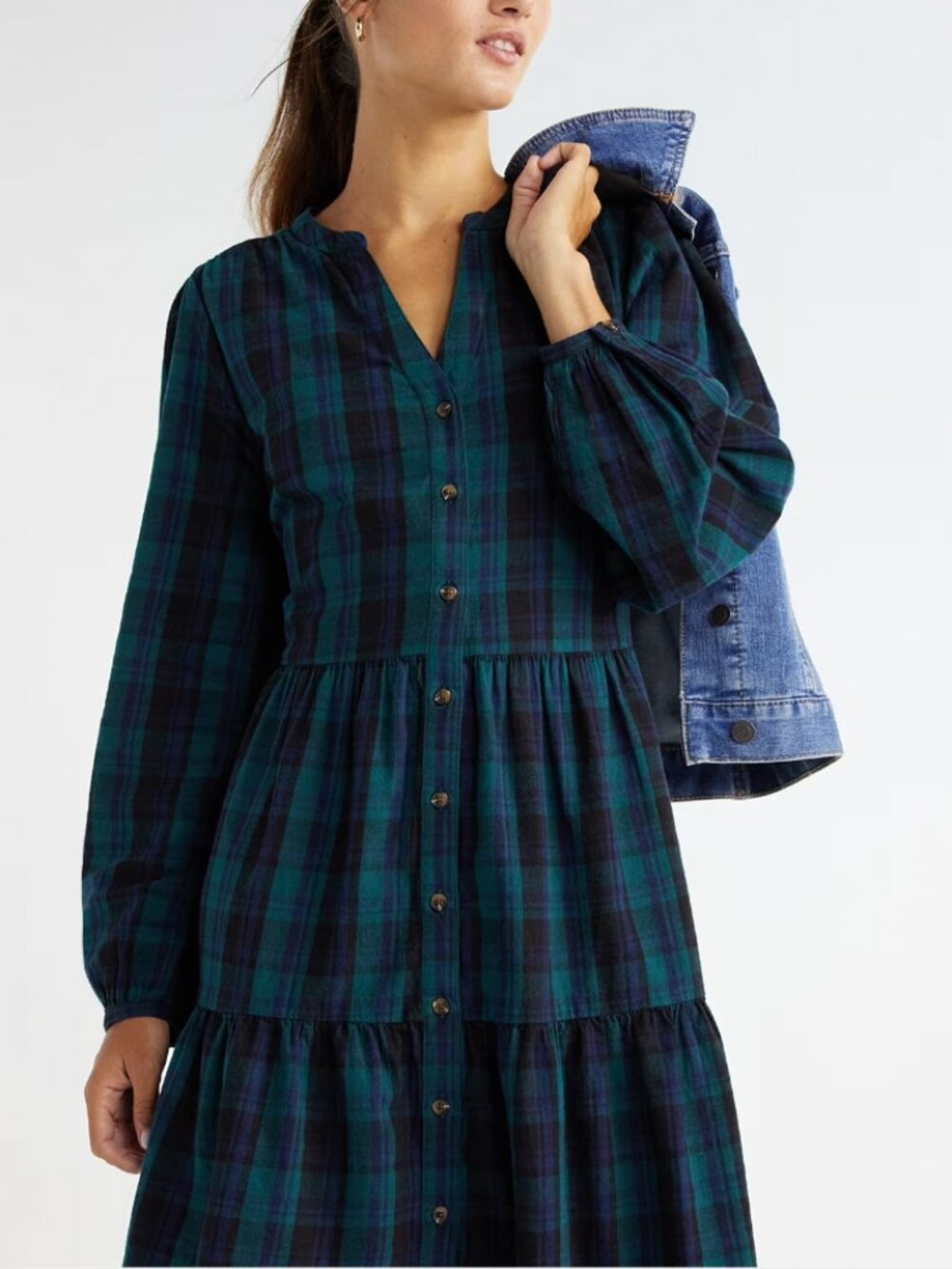Time and Tru Green Navy Plaid Tiered Button Front Dress M 8-10 100% Cotton